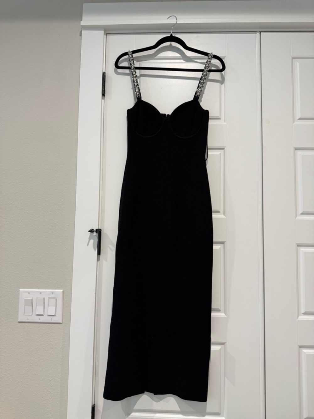 Rebecca Vallance Black Midi Dress with Jeweled Straps
